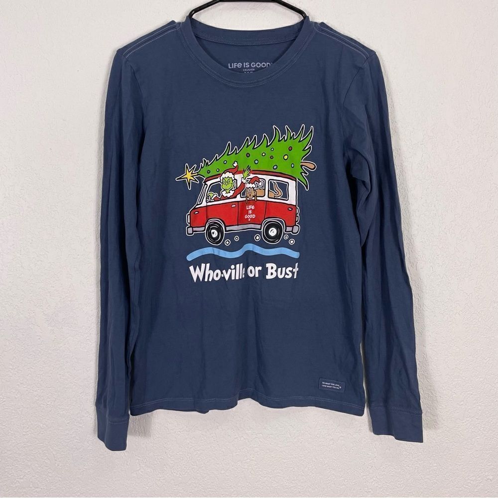 Life Is Good Blue Grinch & Max Whoville or Bust Long Sleeve Top XS